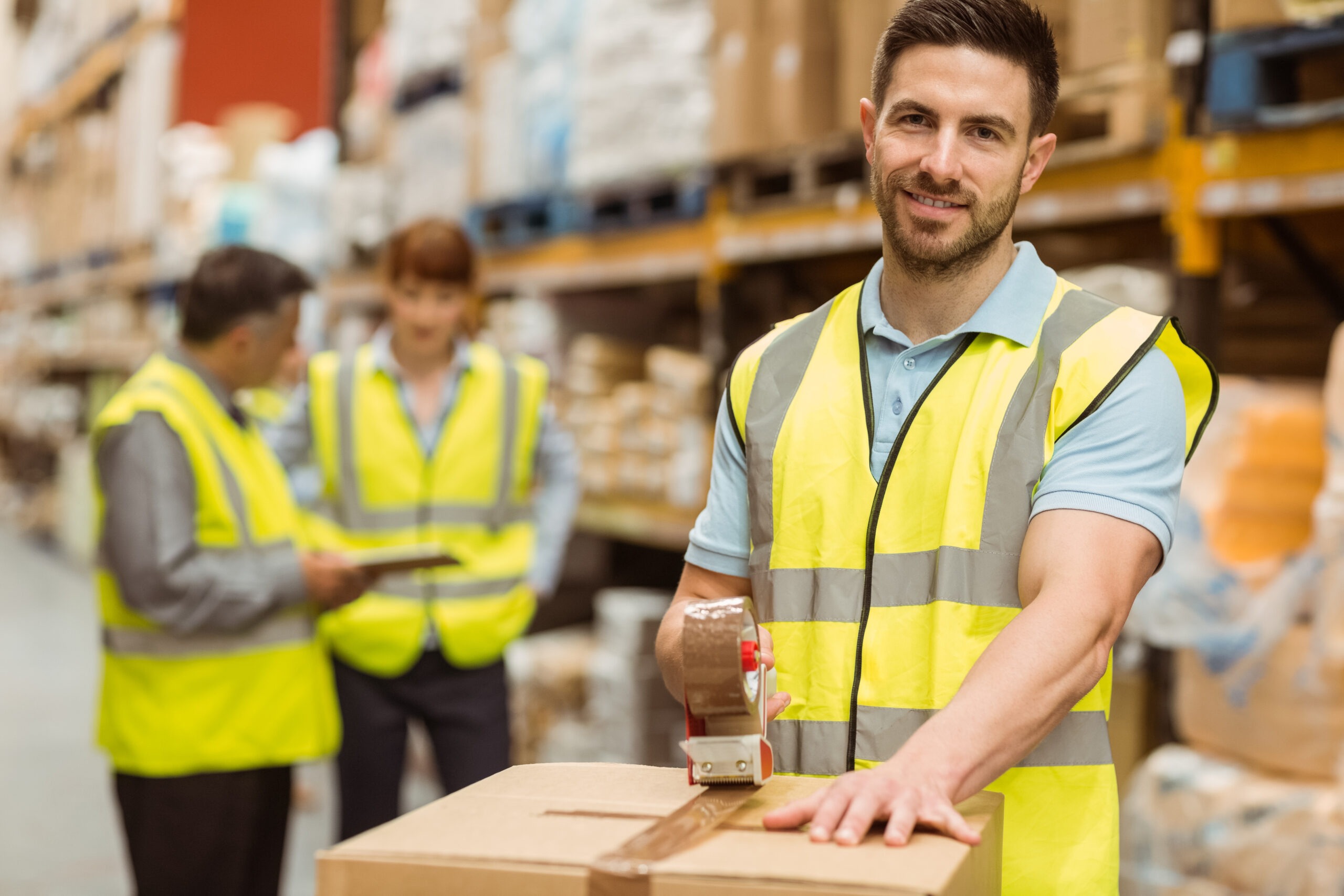 Warehouse workers preparing a shipment